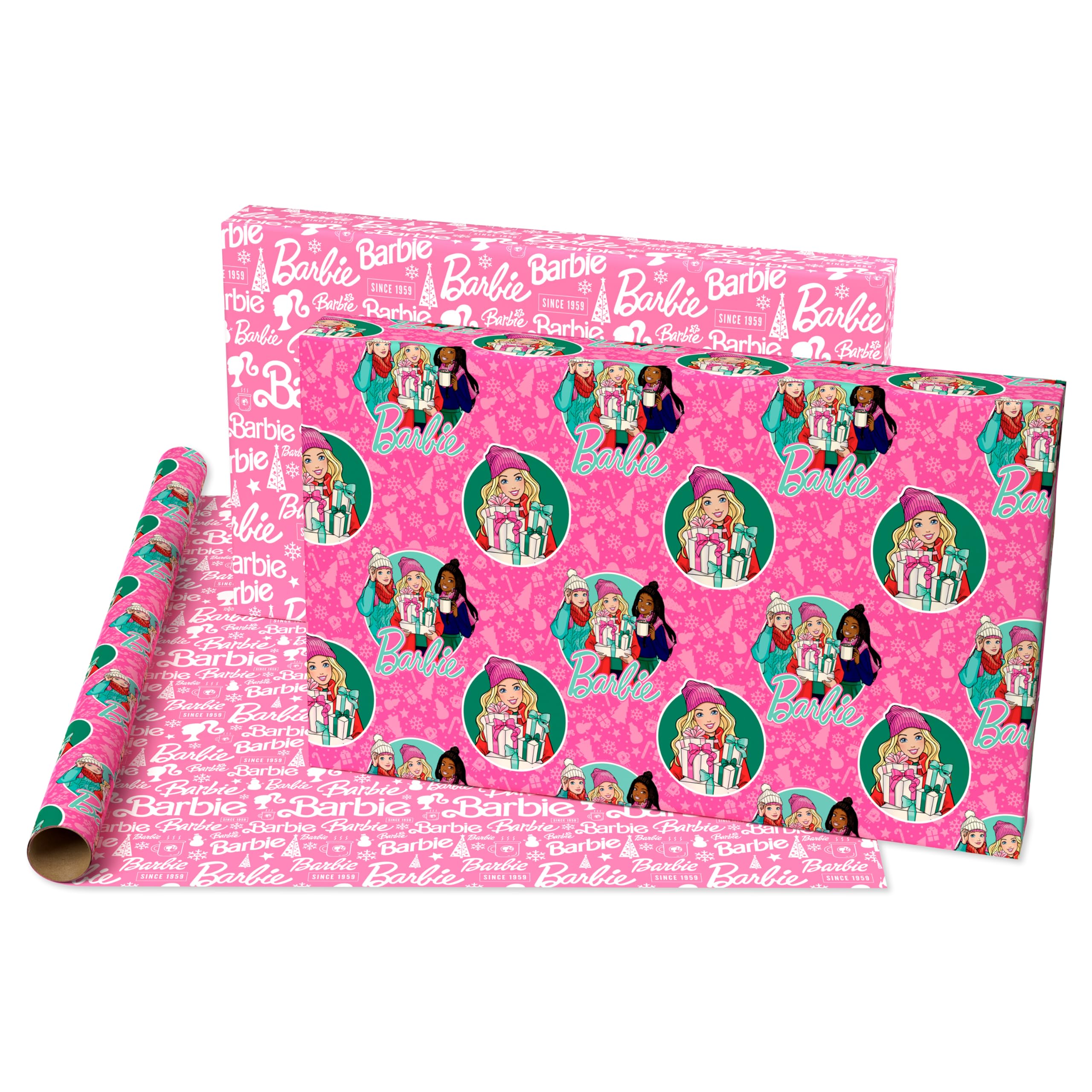 American Greetings Reversible Christmas Wrapping Paper for Kids, Barbie and Friends, Christmas Trees (1 Roll, 75 sq. ft.)