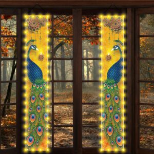 Happy Diwali Porch Banner with Lights Indian Diwali Peacock Front Porch Welcome Sign Deepavali Indian Festival of Lights Decorations-12×71''