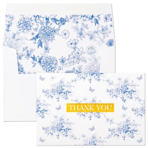 crisky french blue floral toile de jouy thank you cards gold foil greeting notes bulk with envelopes (50 pack) for birthday, baby shower, bridal shower, wedding, graduation