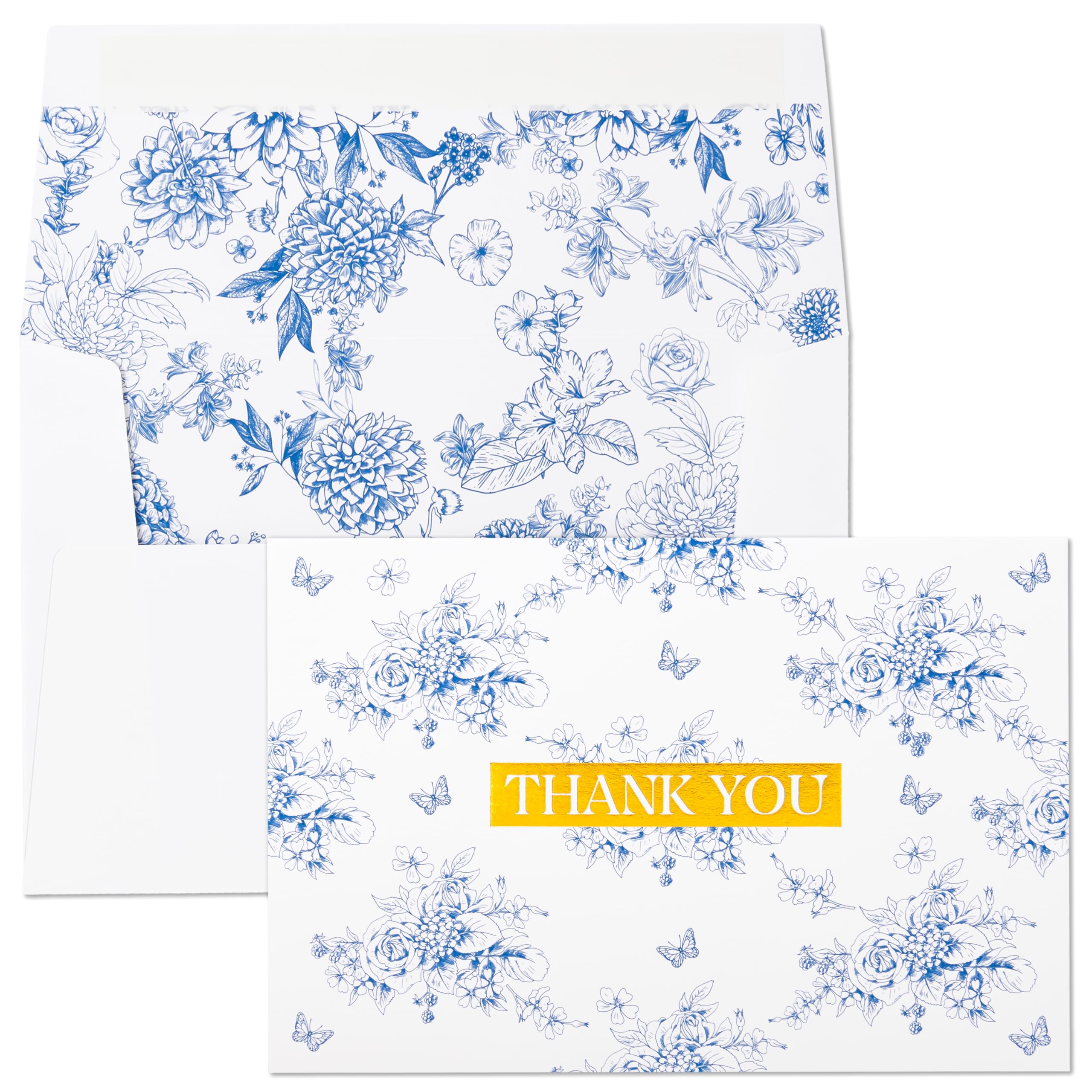 Crisky French Blue Floral Toile de Jouy Thank you cards Gold Foil Greeting Notes Bulk with Envelopes (50 Pack) for Birthday, Baby Shower, Bridal Shower, Wedding, Graduation