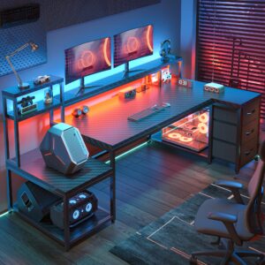 enhomee 70.9" l shaped gaming desk with drawers reversible l shaped computer desk with power outlet & led lights home office desk with storage shelves and monitor stand corner desk, black carbon fiber