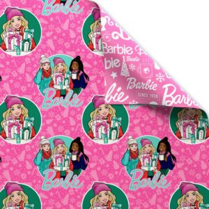 American Greetings Reversible Christmas Wrapping Paper for Kids, Barbie and Friends, Christmas Trees (1 Roll, 75 sq. ft.)