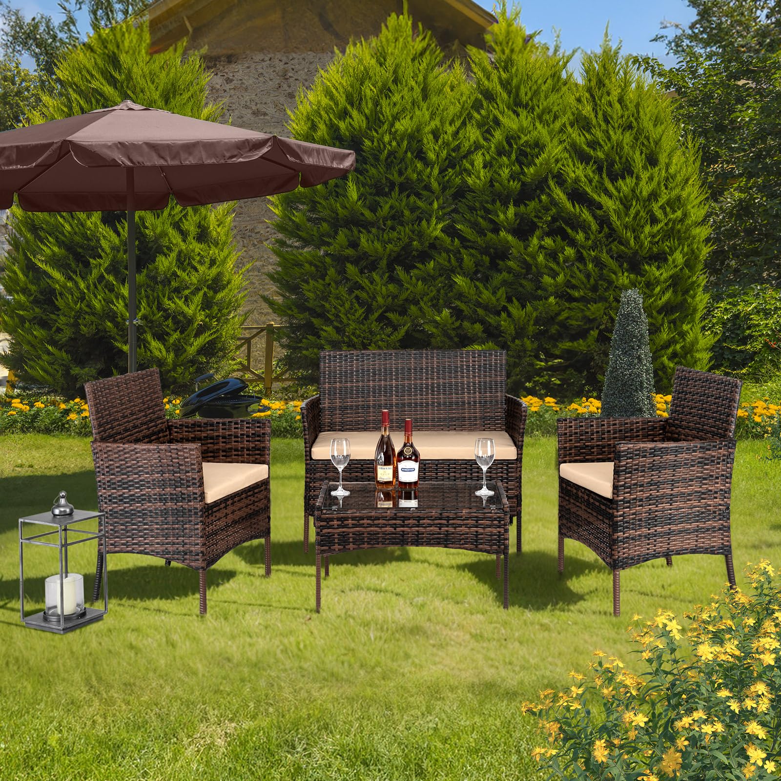 VINGLI 4 Pieces Outdoor Patio Furniture Set Wicker Patio Conversation Set with Coffee Table, Rattan Chair Patio Wicker Sofa Set for Yard,Pool or Backyard (Brown)