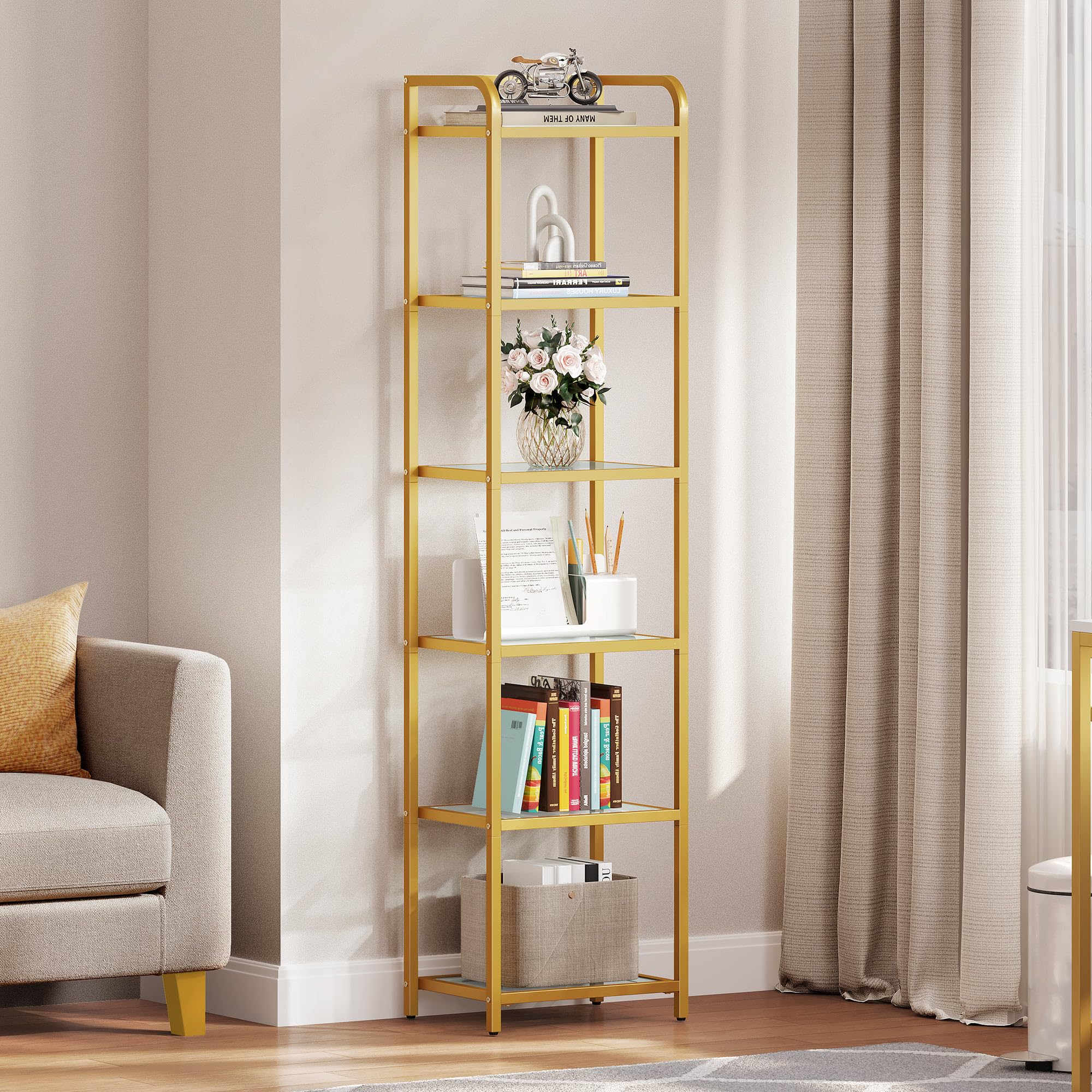 YITAHOME 6-Tier Bookshelf, Tempered Glass Bookshelf, Slim Shelving Unit for Bedroom, Bathroom, Home Office, Steel Frame, Gold