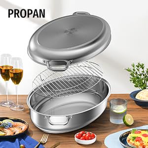 PROPAN Roasting Pan with Rack and Lid 12 Quart,18/10 Stainless Steel Multi-Use Oval Dutch Oven, Induction Compatible Dishwasher/Oven Safe Turkey Roaster,17 Inch