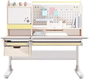 fcd desk for gilrs and boys, wood adjustable height ergonomic kids study desk with pull out drawers, tablet holder, tiltable desktop and large bookshelf