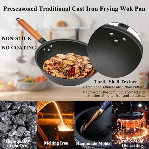 Nonstick Frying Wok Pan Hybrid, 10 Inch Preseasoned Deep Stir Fry Pan Skillet with Glass Lid, Traditional Chinese Cast Iron Wok, No Coated Saucepan for Induction, Electric, Gas, Grill Stoves