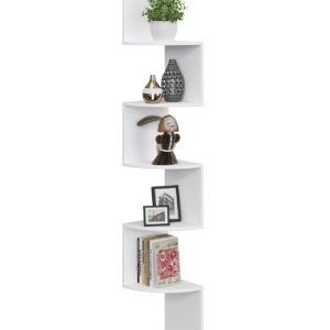 VIMBER 5-Tier Corner Shelf Wall Mount, Corner Bookshelf, Industrial Corner Ladder Shelf, Modern Display Shelf for Living Room, Bedroom, Kitchen, Home Office, Bathroom, White UJSJ003W