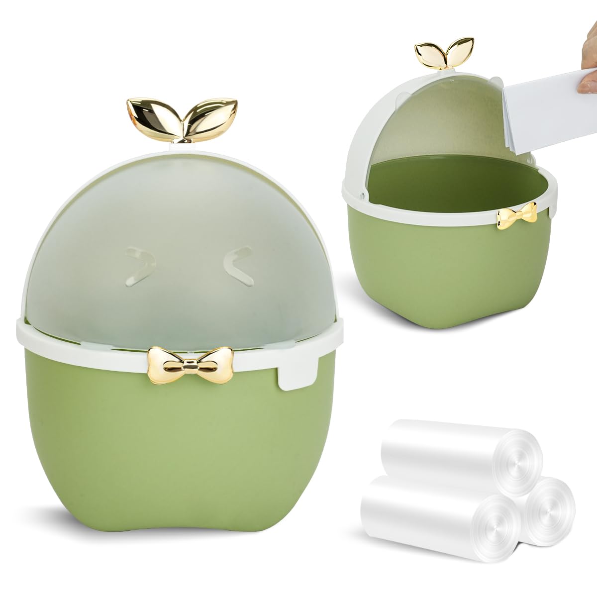 DIBALIYI Mini Desk Can with Lid, Cute Bedroom Trash Can and 3 Rolls Can Liners, Cartoon Animal Desktop Dust can for Office Car Kitchen Bathroom, 19.5 * 15 * 15cm (Green)