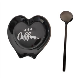 heart-shaped coffee spoon rest, mini coffee spoon holder, small ceramic spoon rest for coffee stirrers, teaspoon, bar spoon, coffee bar accessories, coffee station (ture black+black spoon)