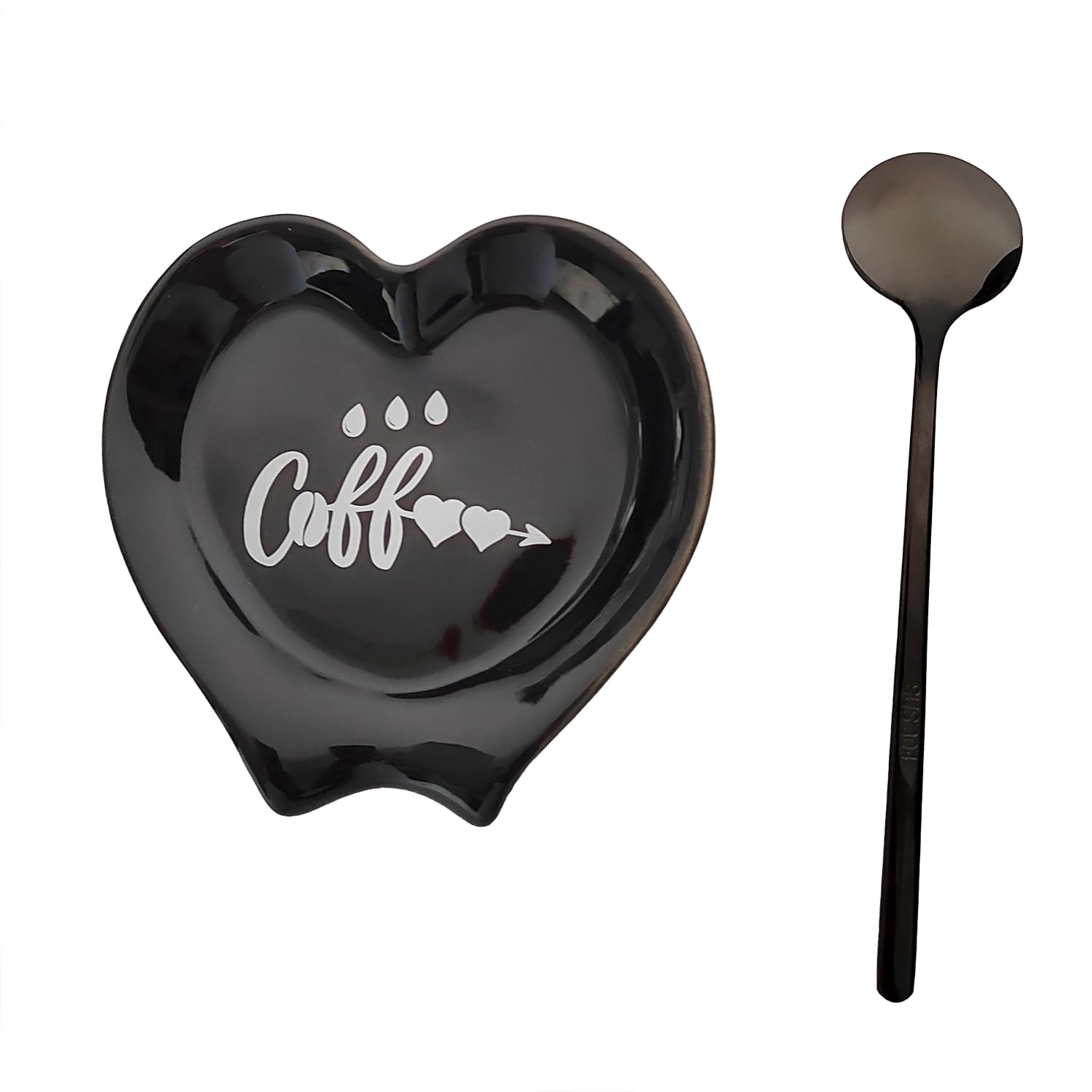 Heart-shaped Coffee Spoon Rest, Mini Coffee Spoon Holder, Small Ceramic Spoon Rest for Coffee Stirrers, Teaspoon, Bar Spoon, Coffee Bar Accessories, Coffee Station (Ture black+black Spoon)