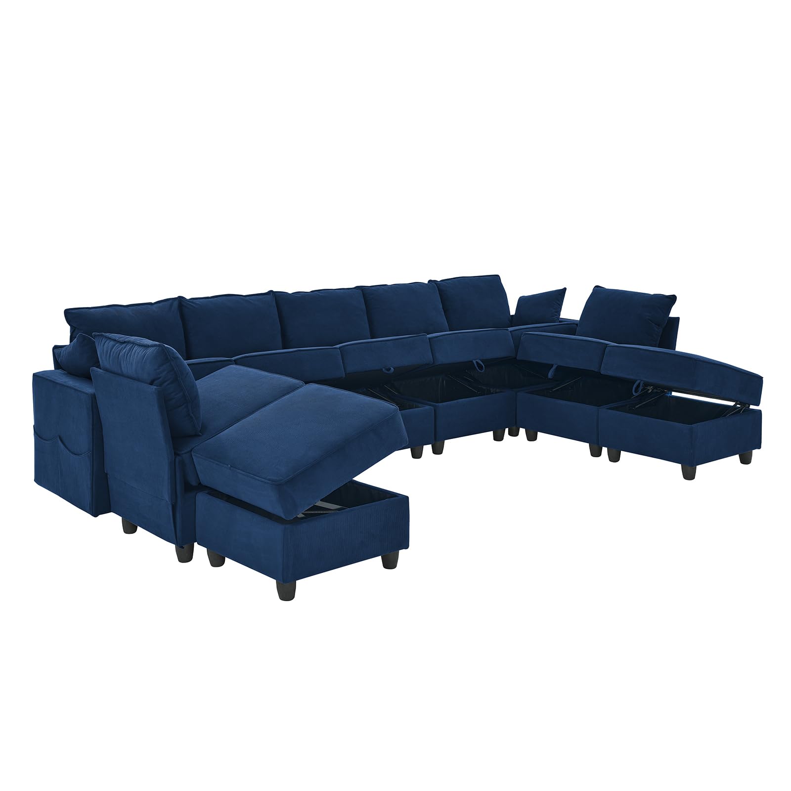 WinJoy 138 Inches 9 Seats Corduroy Storage Modular Sofa, U-Shaped Navy Blue Sectional Sofa with Ottomans for Living Room, Luxury Modular Couch Bed