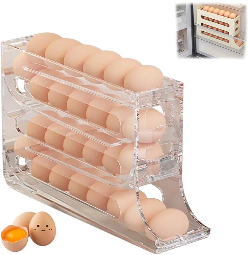 4 Tiers Egg Holder for Fridge, 2024 New Automatic Scrolling Egg Rack Holder, Eggs Dispenser Auto Rolling Large Capacity Egg Organizer Storage Box, Space-Saving Egg Dispenser Holder (Transparent)