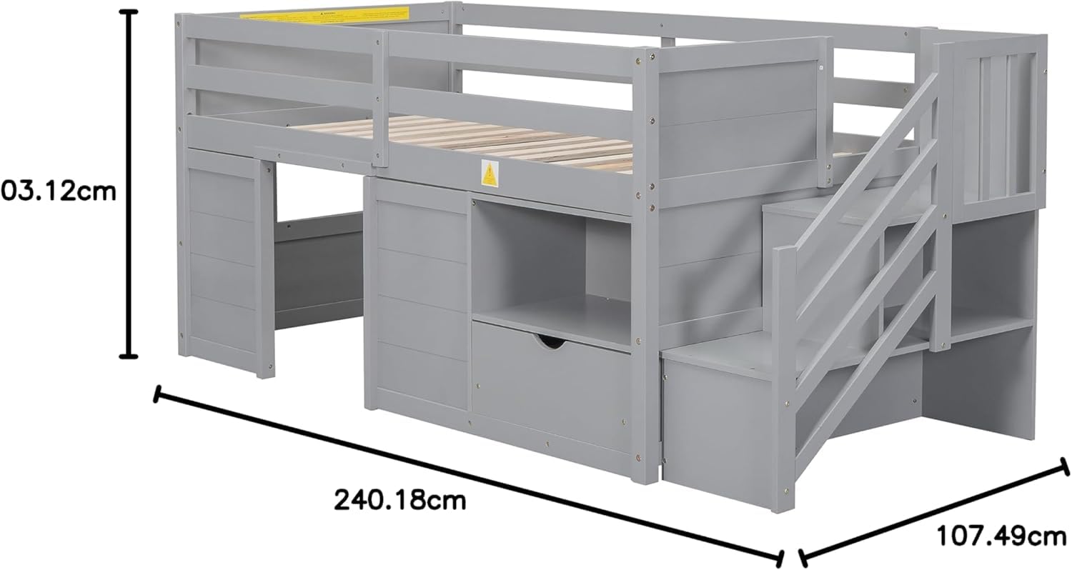 Okak Twin Size Low Loft Bed with Playhouse Loft Bed Frame with Drawer, Shelf,Stairs and Safety Guardrail for Teens, Girls or Boys Loft, Strong Wood Slats Support,Gray