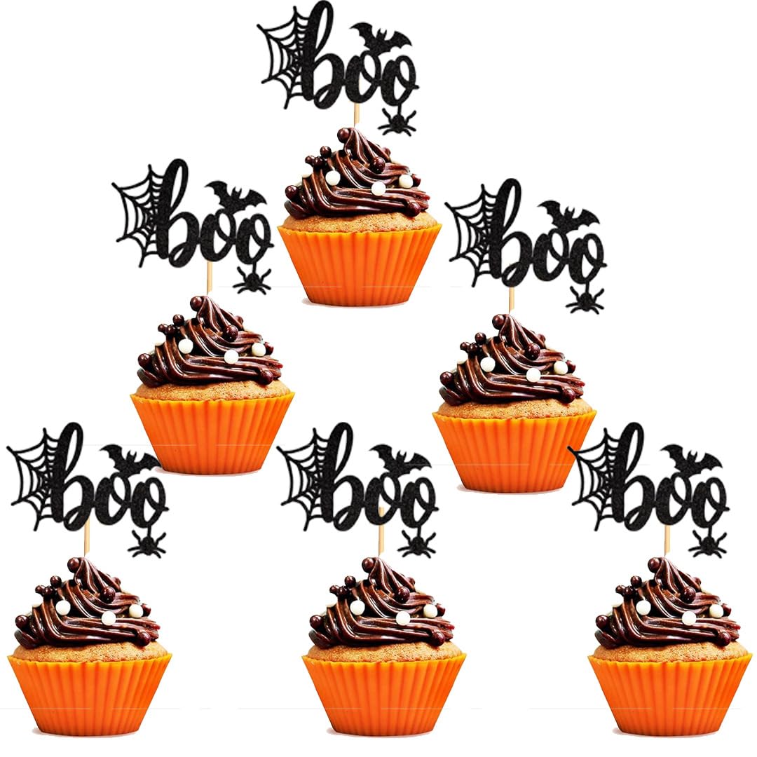 24Pcs Halloween Boo Cupcake Toppers Glitter Spider Web Bat Cupcake Picks for Halloween Theme Baby Shower Kids Boys Girls Birthday Party Cake Decorations Supplies