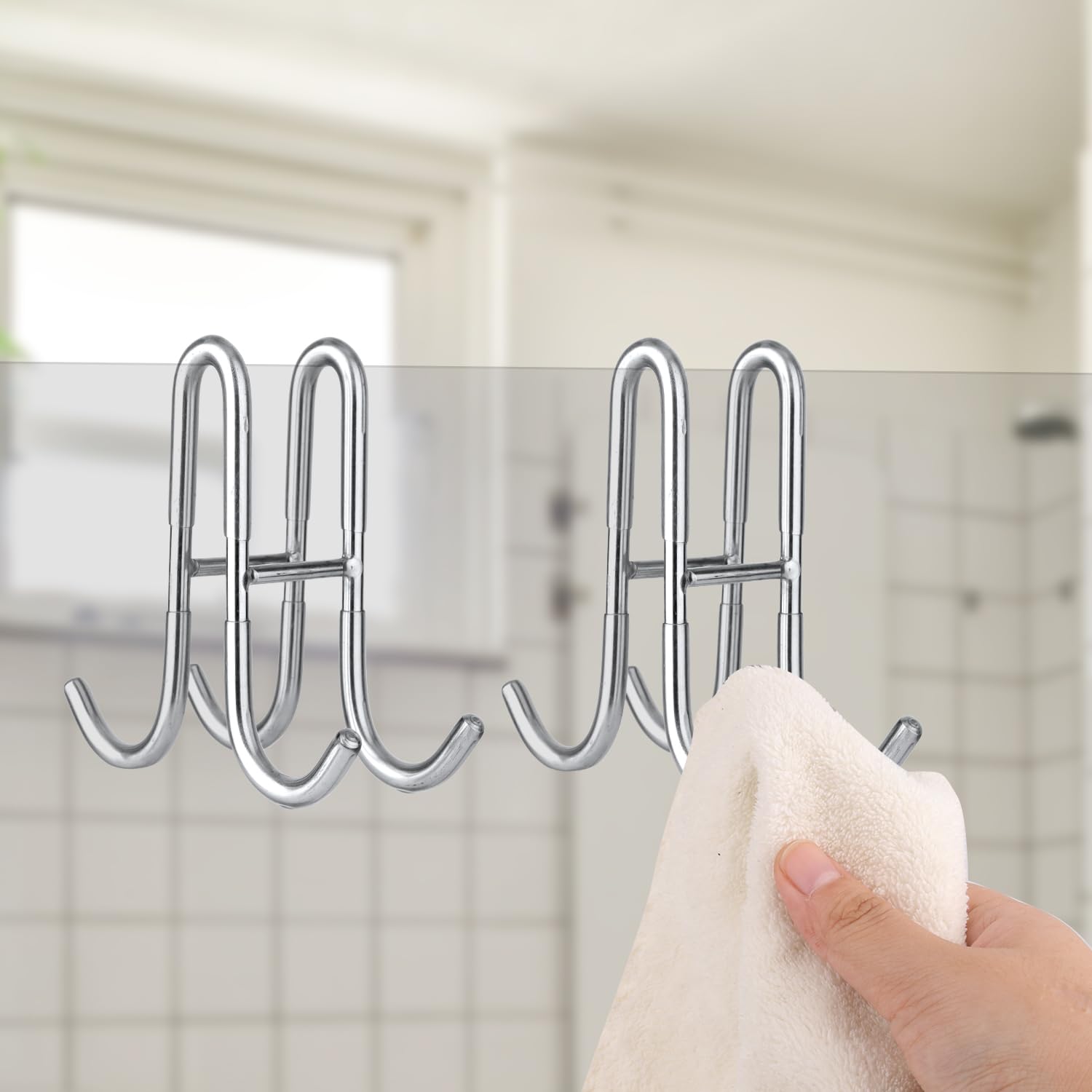 PEUTIER 2pcs Shower Glass Door Hooks, 304 Stainless Steel Over Shower Door Hooks Double Sided Usable Shower Towel Hooks Drilling-Free Towels Hanger for Bathroom (Silver)