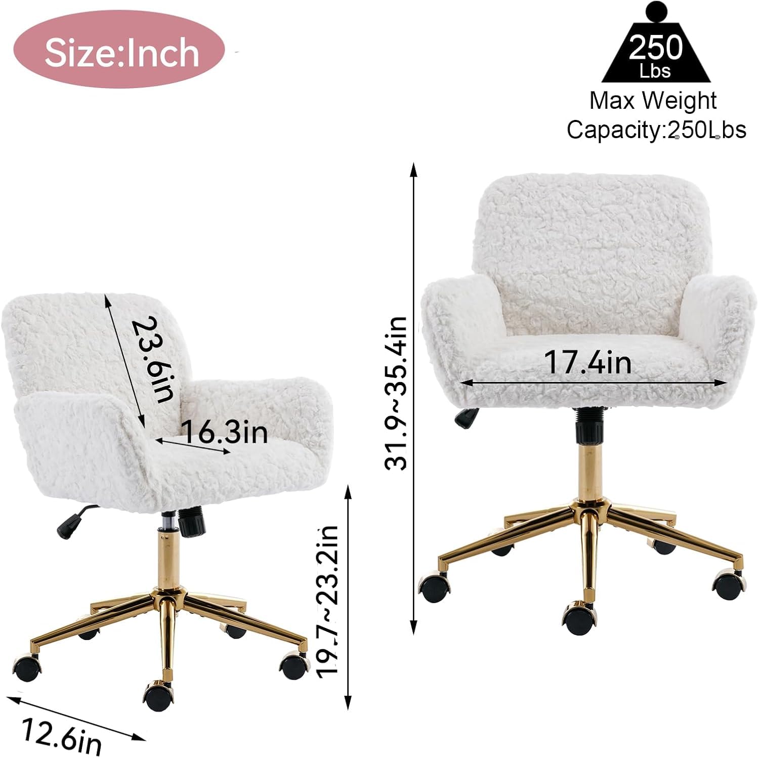 White Faux Fur Home Office Chair,Upholstered Elegant Desk Chair Makeup Vanity Chair for Girls,Swivel Desk Chair with Gold Base,Height Adjustable Tiltable Computer Chair,Cute Desk Chair for Kids