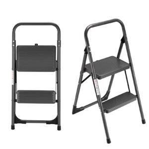 step ladder folding 2 step stool adult with wide & anti-slip pedals ergonomic portable steel ladder for household, kitchen, office 330lbs (gray, 2 step)