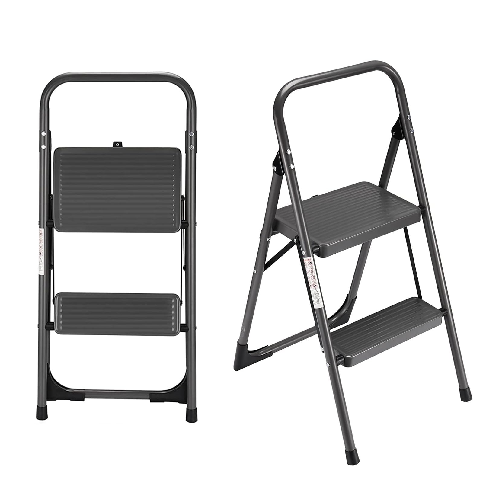 Step Ladder Folding 2 Step Stool Adult with Wide & Anti-Slip Pedals Ergonomic Portable Steel Ladder for Household, Kitchen, Office 330LBS (Gray, 2 Step)