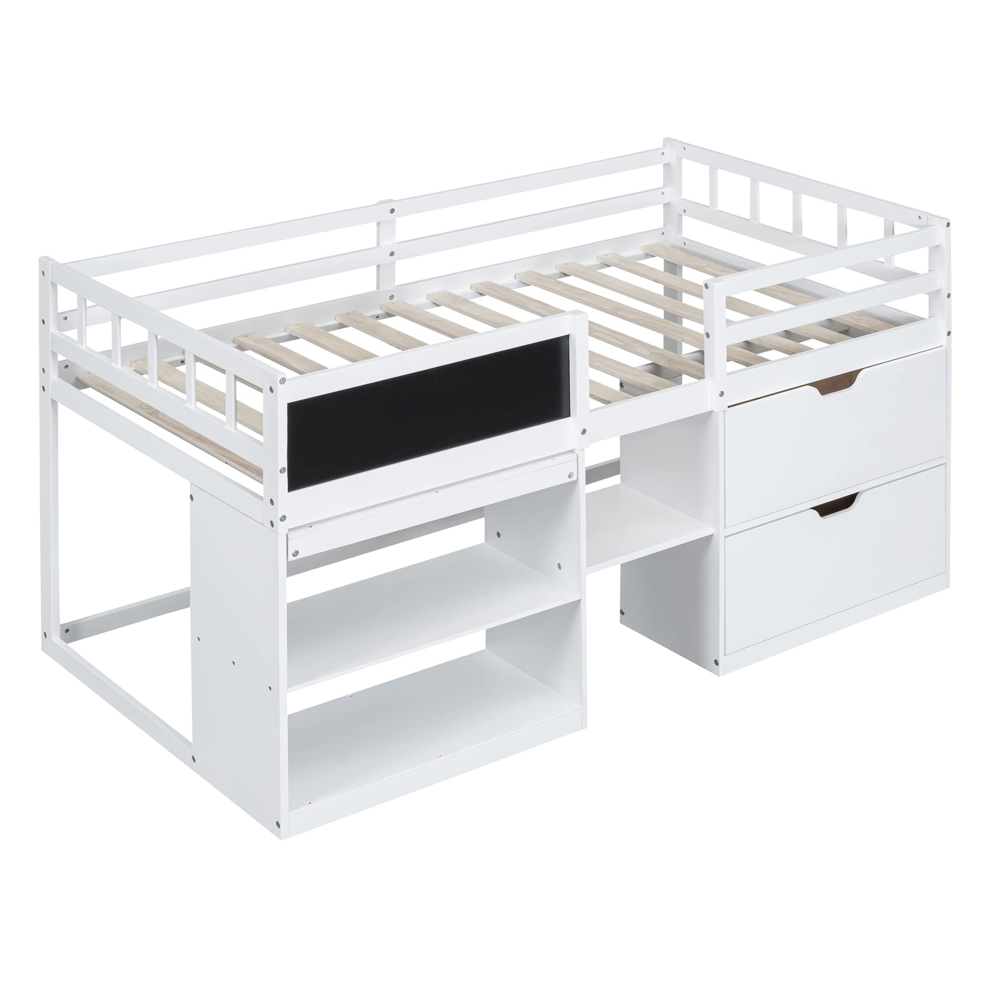 Harper & Bright Designs Twin Size Low Loft Bed with Storage Shelves and Drawers, Wooden Twin Size Loft Bed with Rolling Desk and Chalkboard, for Kids Teens Girls Boys - White