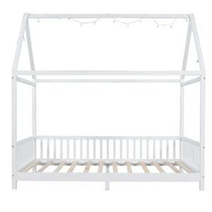 SOFTSEA Wood Montessori Bed Frame with High Fence Full Size House Bed Low Bed Frame with LED Lights for Kids