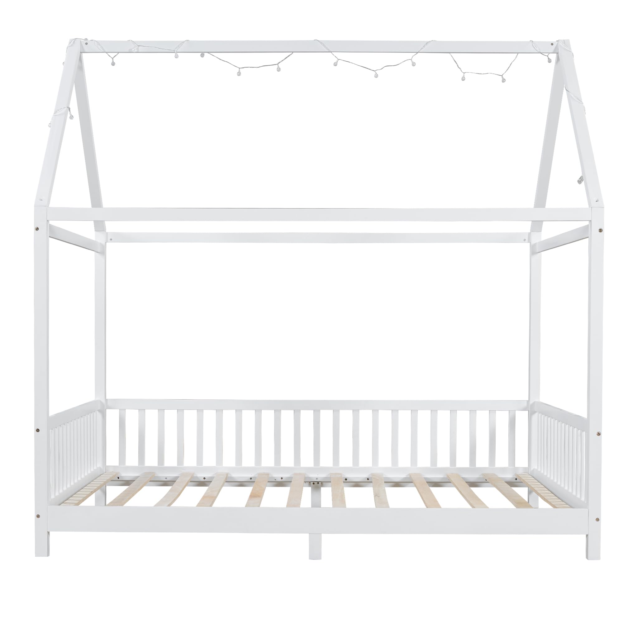 SOFTSEA Wood Montessori Bed Frame with High Fence Full Size House Bed Low Bed Frame with LED Lights for Kids