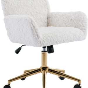 White Faux Fur Home Office Chair,Upholstered Elegant Desk Chair Makeup Vanity Chair for Girls,Swivel Desk Chair with Gold Base,Height Adjustable Tiltable Computer Chair,Cute Desk Chair for Kids