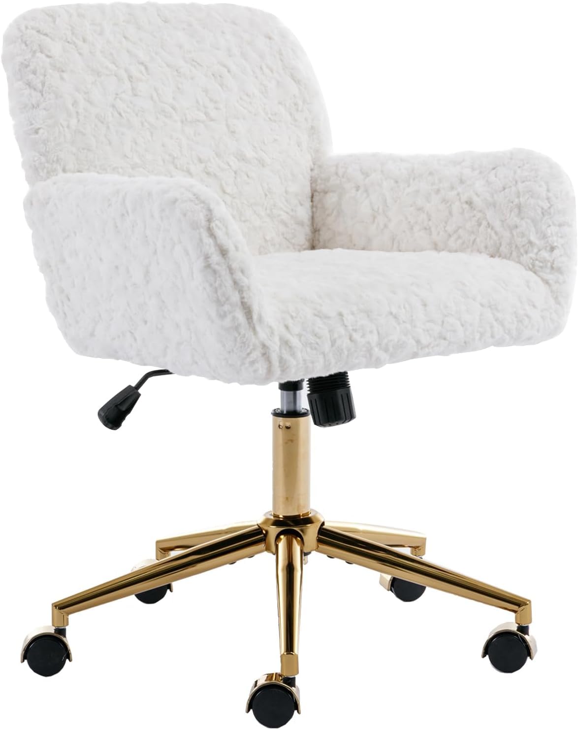 White Faux Fur Home Office Chair,Upholstered Elegant Desk Chair Makeup Vanity Chair for Girls,Swivel Desk Chair with Gold Base,Height Adjustable Tiltable Computer Chair,Cute Desk Chair for Kids