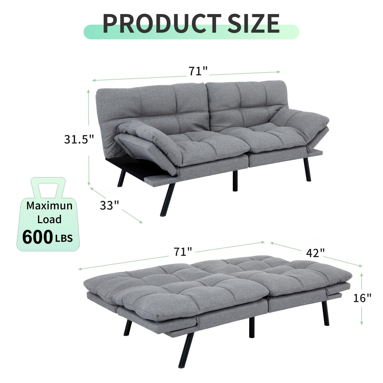 MUUEGM Futon Sofa Bed Modern Folding Futon Set, Convertible Recliner for Living Room,Small & Compact Spaces, Metal Legs,Easy Assembly，Adjustable Backrest&Armrests, Linen,Light Gray.