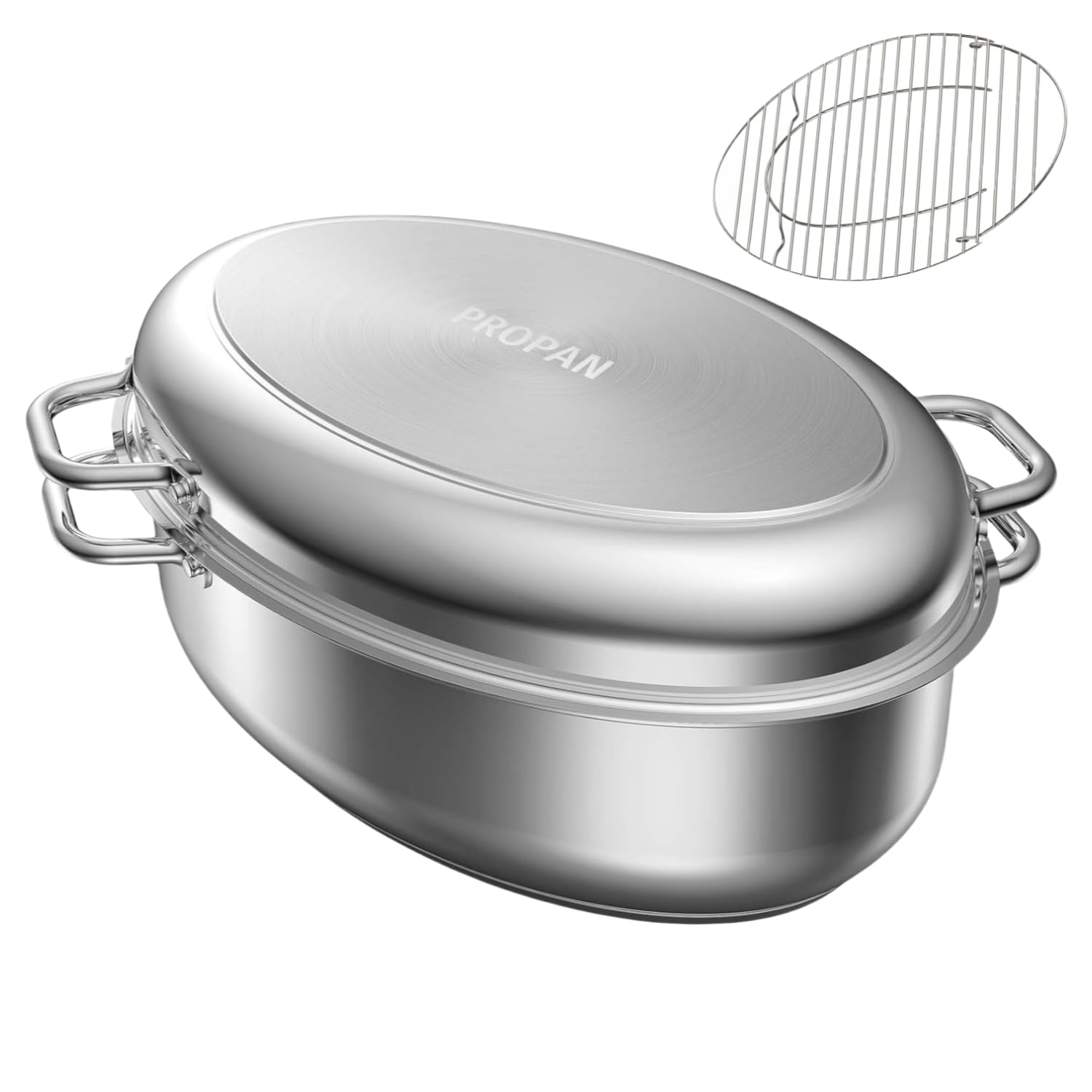 PROPAN Roasting Pan with Rack and Lid 12 Quart,18/10 Stainless Steel Multi-Use Oval Dutch Oven, Induction Compatible Dishwasher/Oven Safe Turkey Roaster,17 Inch