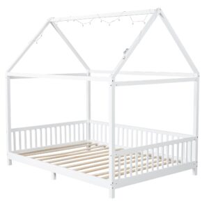 SOFTSEA Wood Montessori Bed Frame with High Fence Full Size House Bed Low Bed Frame with LED Lights for Kids