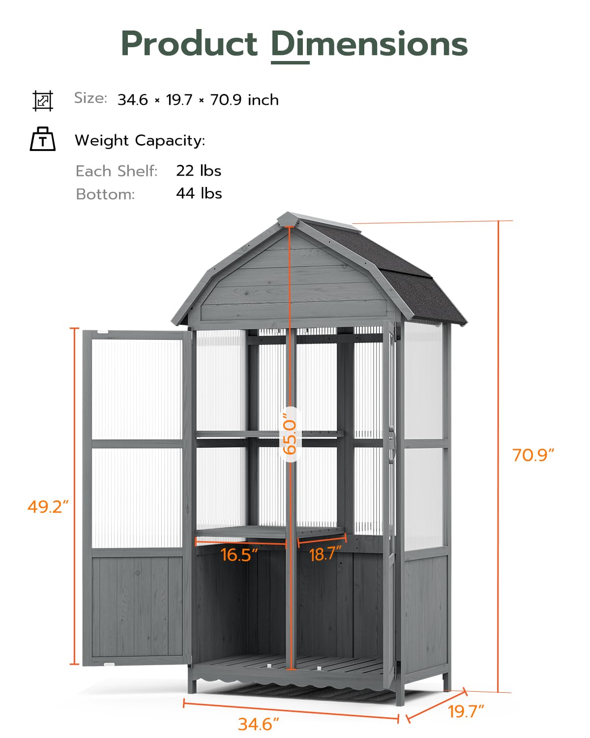 AOVSA Wooden Outdoor Storage Cabinet, 71" Weatherproof Garden Shed with Shelves, Waterproof Roof, Tool Storage for Patio/Backyard/Pool/Lawn (Gray)