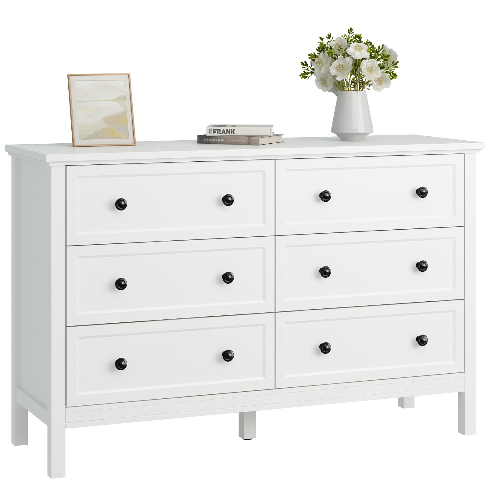 CARPETNAL White Dresser for Bedroom, 6 Drawer Dresser with Wide Drawer and Metal Handles, Wood Dressers & Chests of Drawers for Hallway, Entryway.