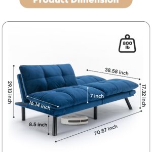 Miscoos Velvet Convertible Futon Sofa Bed, 71" Comfy Loveseat Sleeper Sofa with Adjustable Backrest Armrest, Strengthen Wood, Thick Cushion, Small 2 Seater Futon Couch for Living Room Bedroom