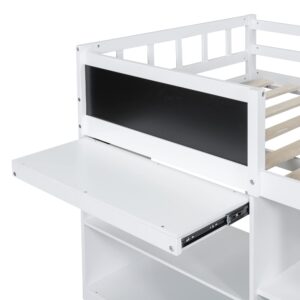 Harper & Bright Designs Twin Size Low Loft Bed with Storage Shelves and Drawers, Wooden Twin Size Loft Bed with Rolling Desk and Chalkboard, for Kids Teens Girls Boys - White