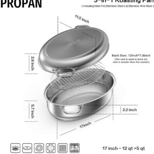 PROPAN Roasting Pan with Rack and Lid 12 Quart,18/10 Stainless Steel Multi-Use Oval Dutch Oven, Induction Compatible Dishwasher/Oven Safe Turkey Roaster,17 Inch