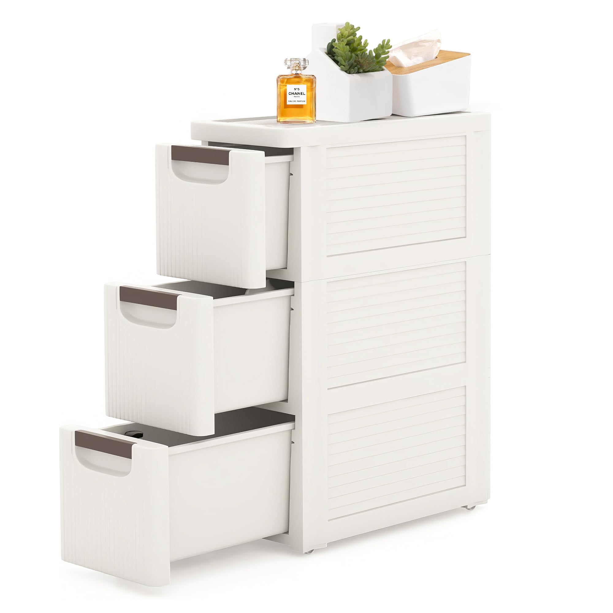 3 Drawers Slim Bathroom Storage Cabinet Dresser, Narrow Plastic Rolling Cart Organizer with Drawers, for Small Spaces, Kitchen, Laundry, Office, Bedroom, White