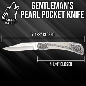 Timber Wolf Gentleman’s Genuine Pearl Pocket Knife | 3 1/4” Stainless Steel Clip Point Blade | Genuine Pearl Inlays | Nickel Silver Bolsters | Lockback Mechanism | 7 1/2" Overall Length