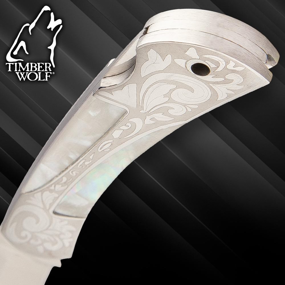 Timber Wolf Gentleman’s Genuine Pearl Pocket Knife | 3 1/4” Stainless Steel Clip Point Blade | Genuine Pearl Inlays | Nickel Silver Bolsters | Lockback Mechanism | 7 1/2" Overall Length