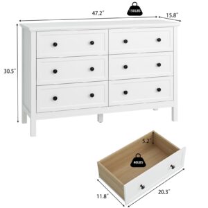 CARPETNAL White Dresser for Bedroom, 6 Drawer Dresser with Wide Drawer and Metal Handles, Wood Dressers & Chests of Drawers for Hallway, Entryway.