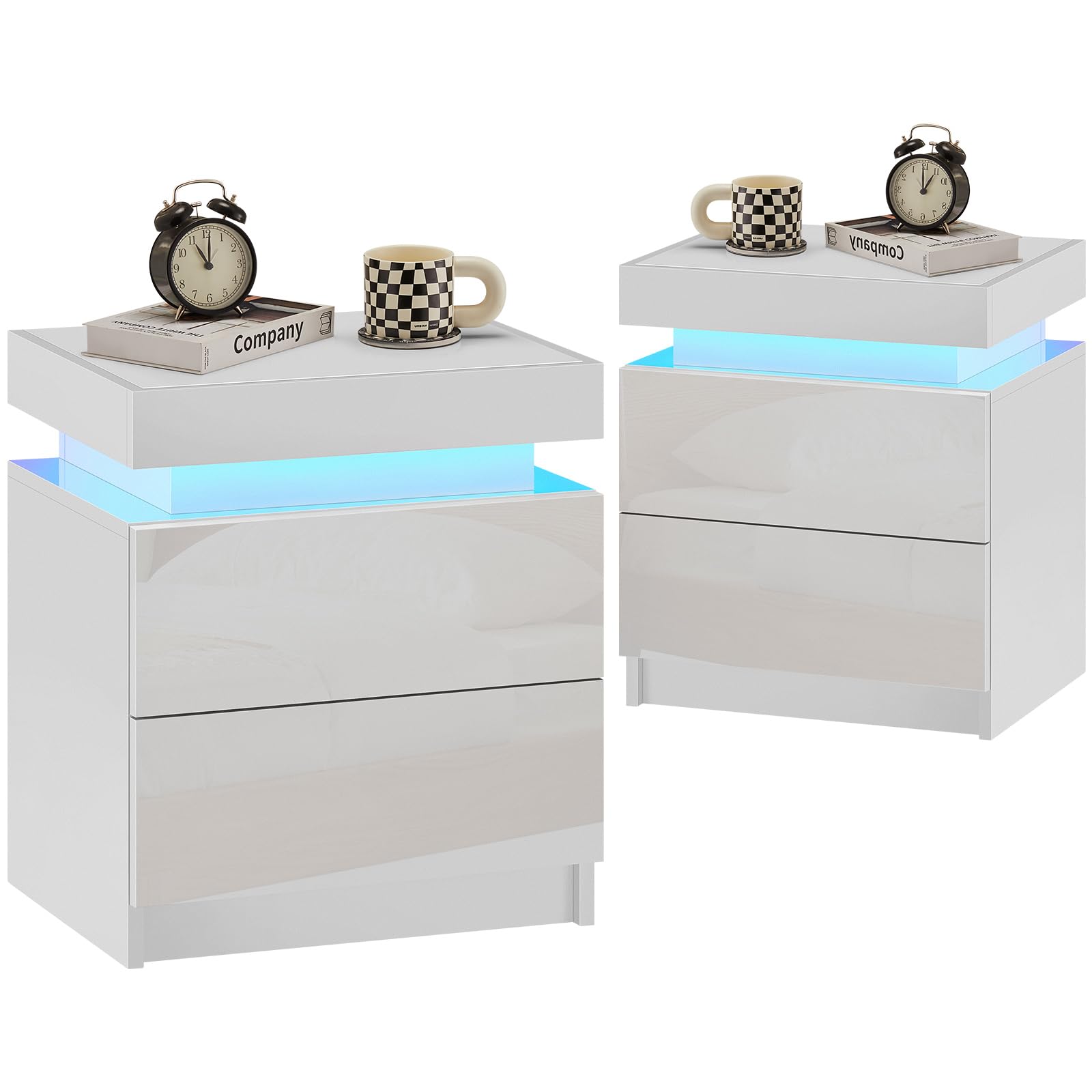 OFCASA Nightstand Set of 2 with LED Light Modern Bedside Table with 2 High Gloss Drawers Smart Night Stand for Bedroom and Living Room（White）