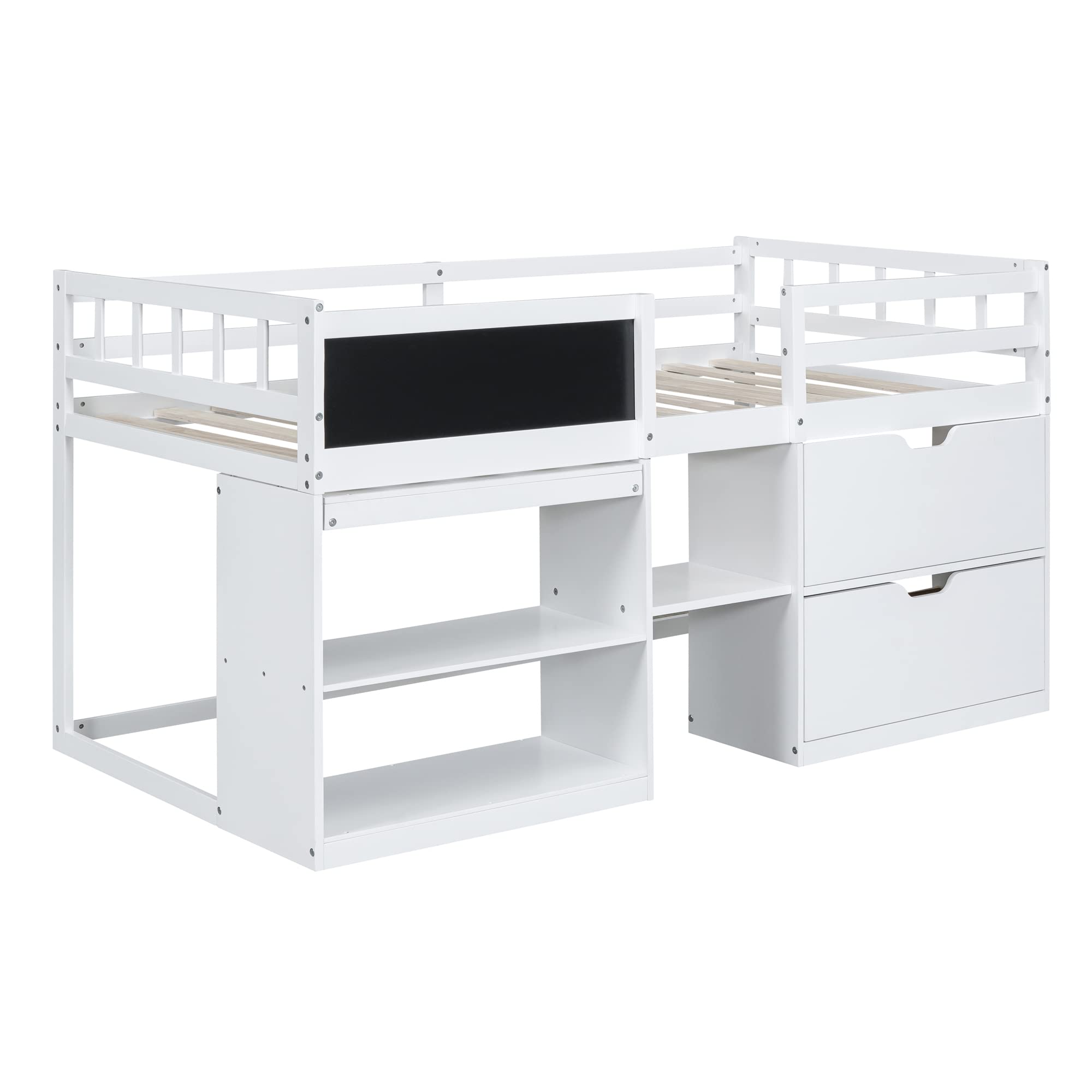 Harper & Bright Designs Twin Size Low Loft Bed with Storage Shelves and Drawers, Wooden Twin Size Loft Bed with Rolling Desk and Chalkboard, for Kids Teens Girls Boys - White