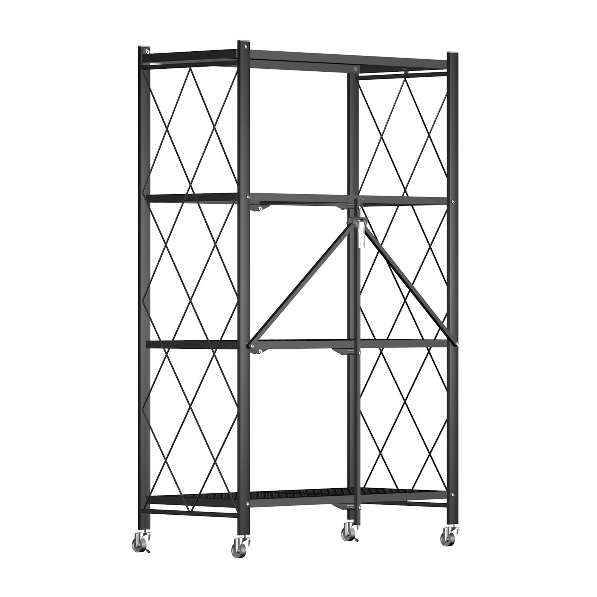 NEWWARE Storage Shelves 4-Tier Foldable, Metal Organizer and Storage Rack for Bathroom Kitchen, Display Storage Shelf with Wheels, No Assembly Shelving Unit for Pantry and Garage 4 Hooks, Black