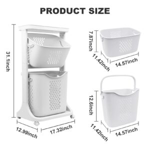 BAOKALER Rolling Laundry Hampers 2 Tier Laundry Baskets Dirty Clothes Hamper with Wheels White Portable Rolling Laundry Baskets with 2 Removable Baskets