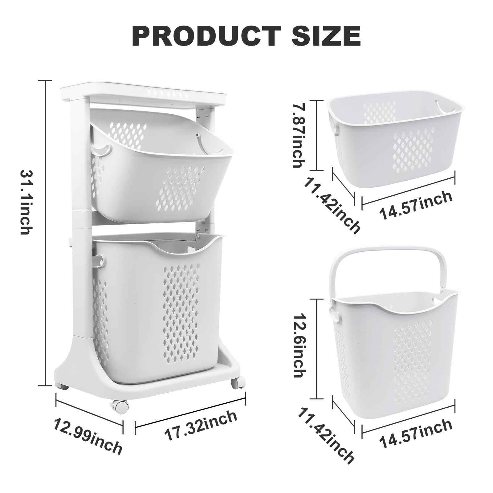 BAOKALER Rolling Laundry Hampers 2 Tier Laundry Baskets Dirty Clothes Hamper with Wheels White Portable Rolling Laundry Baskets with 2 Removable Baskets