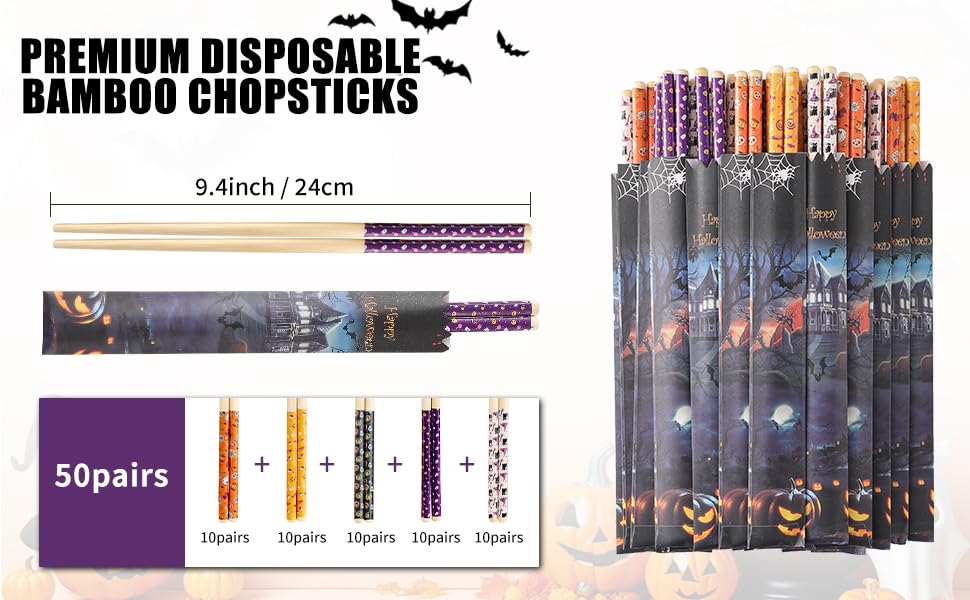 Halloween 50 Pairs 9.4Inch Bamboo Disposable Chopsticks - Sleeved and Separated, Party Gifts