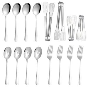 14 pcs polished serving utensils, stainless steel serving set include serving spoons, serving fork, slotted serving spoons, serving tongs for home parties buffet,dishwasher safe