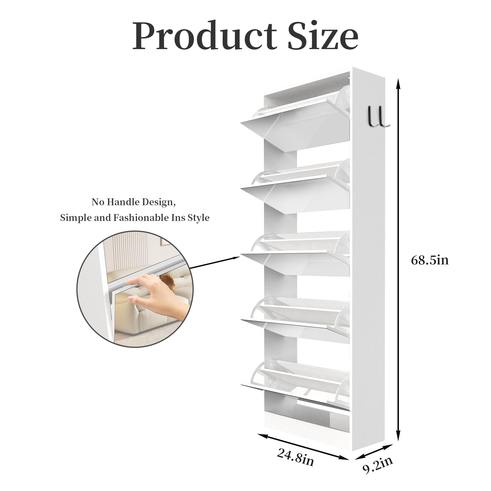 Mirror Shoe Storage Cabinet for Entryway, Narrow Tall Shoe Cabinet Organizer with 5 Tiers, Slim Free Standing Hidden Shoe Cabinet with 5 Flip Drawers for Front Door Entrance, Closet（White）