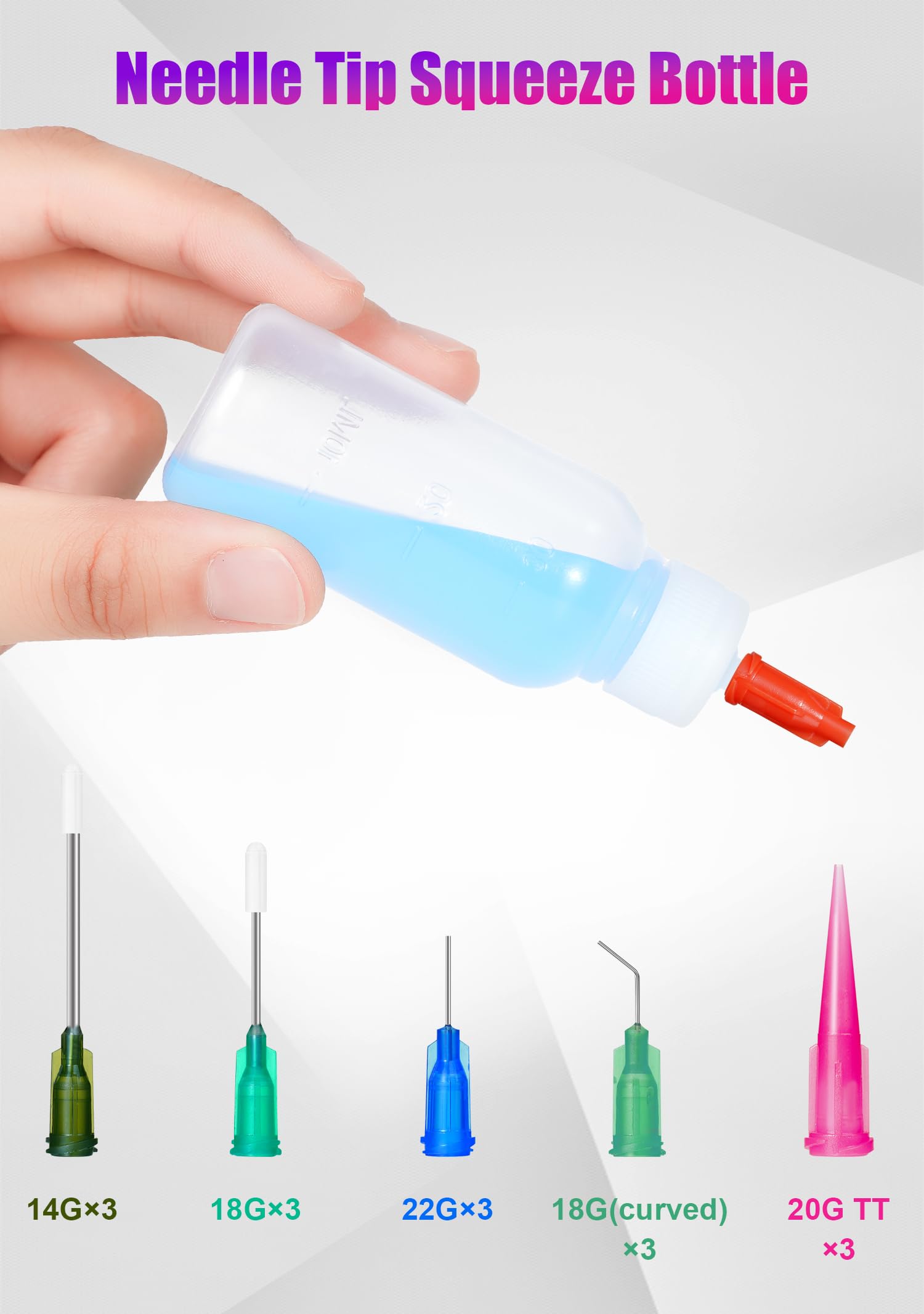 Glue Syringe Needle Tip Squeeze Bottles Set (1ml-50ml), 14G-22G Blunt Needle Tip with Caps, Precision Glue Applicator for Oil, Ink and Art Crafts