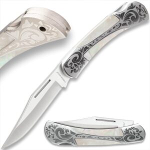 timber wolf gentleman’s genuine pearl pocket knife | 3 1/4” stainless steel clip point blade | genuine pearl inlays | nickel silver bolsters | lockback mechanism | 7 1/2" overall length